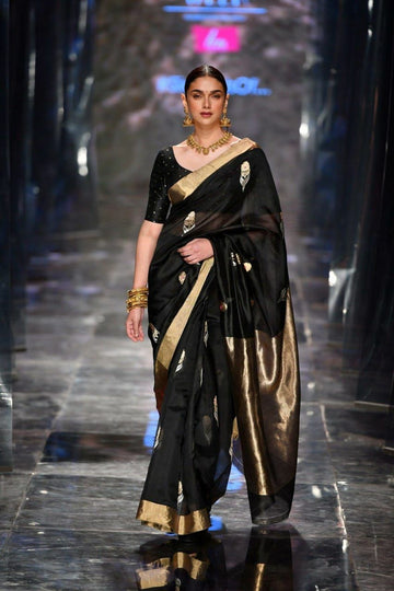 Black Festive Lichi Silk Saree with Ornate Jacquard Blouse