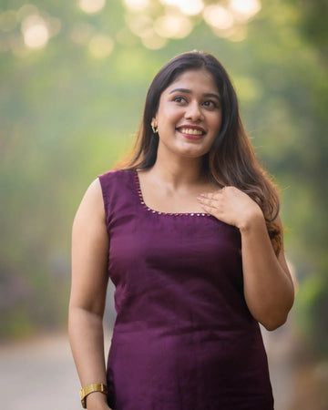 Purple Organza Sleeve Less Kurti