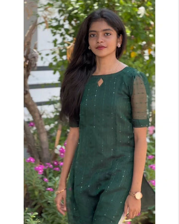 Green Heavy Net Organza with Embroidery Work Kurti