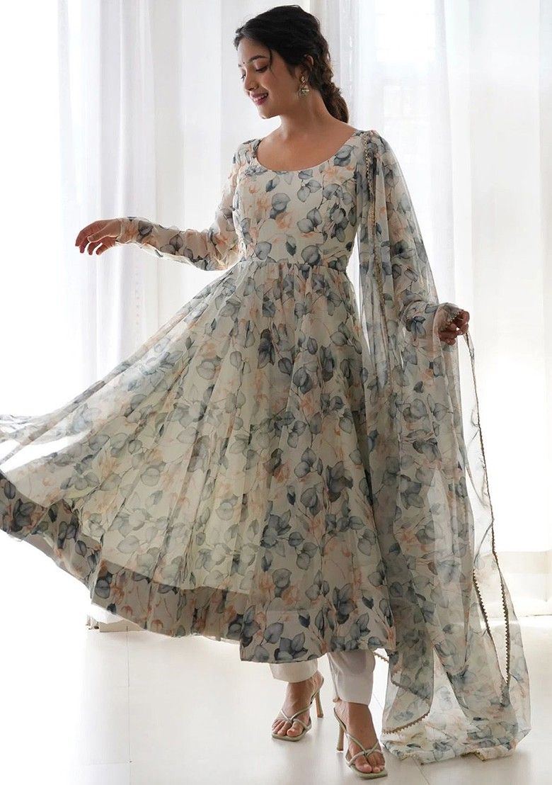 White Flower Print Maxi Dress With Dupatta