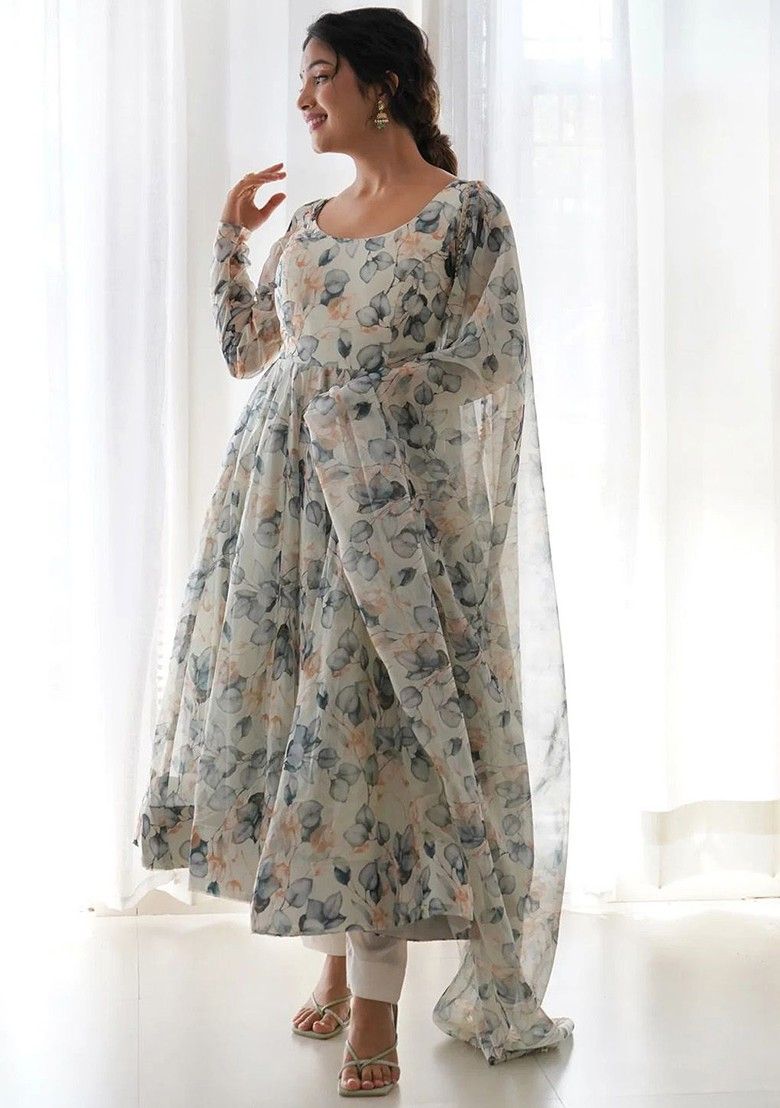 White Flower Print Maxi Dress With Dupatta