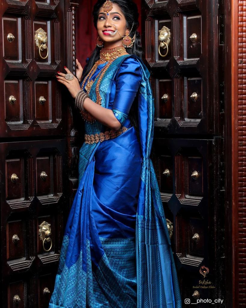 Blue Soft Lichi Silk Saree with Exclusive Pallu & Blouse Border