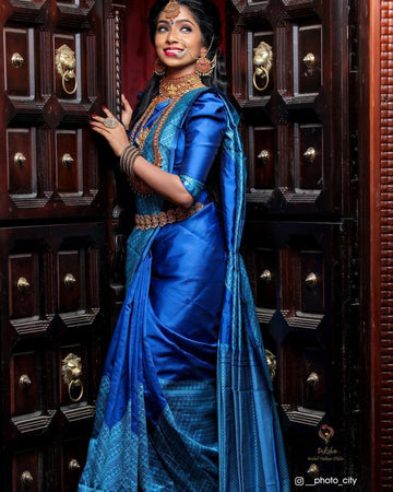 Blue Soft Lichi Silk Saree with Exclusive Pallu & Blouse Border