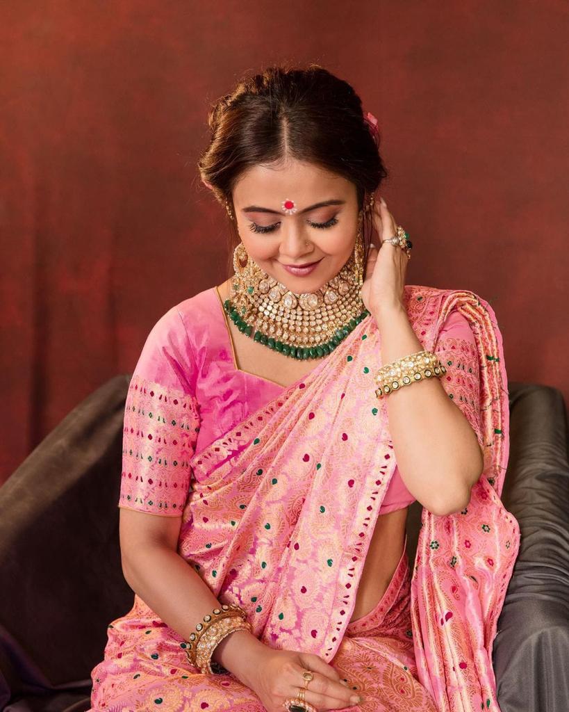 Manek Gia in Baby Pink Soft Lichi Silk with Jacquard work Saree