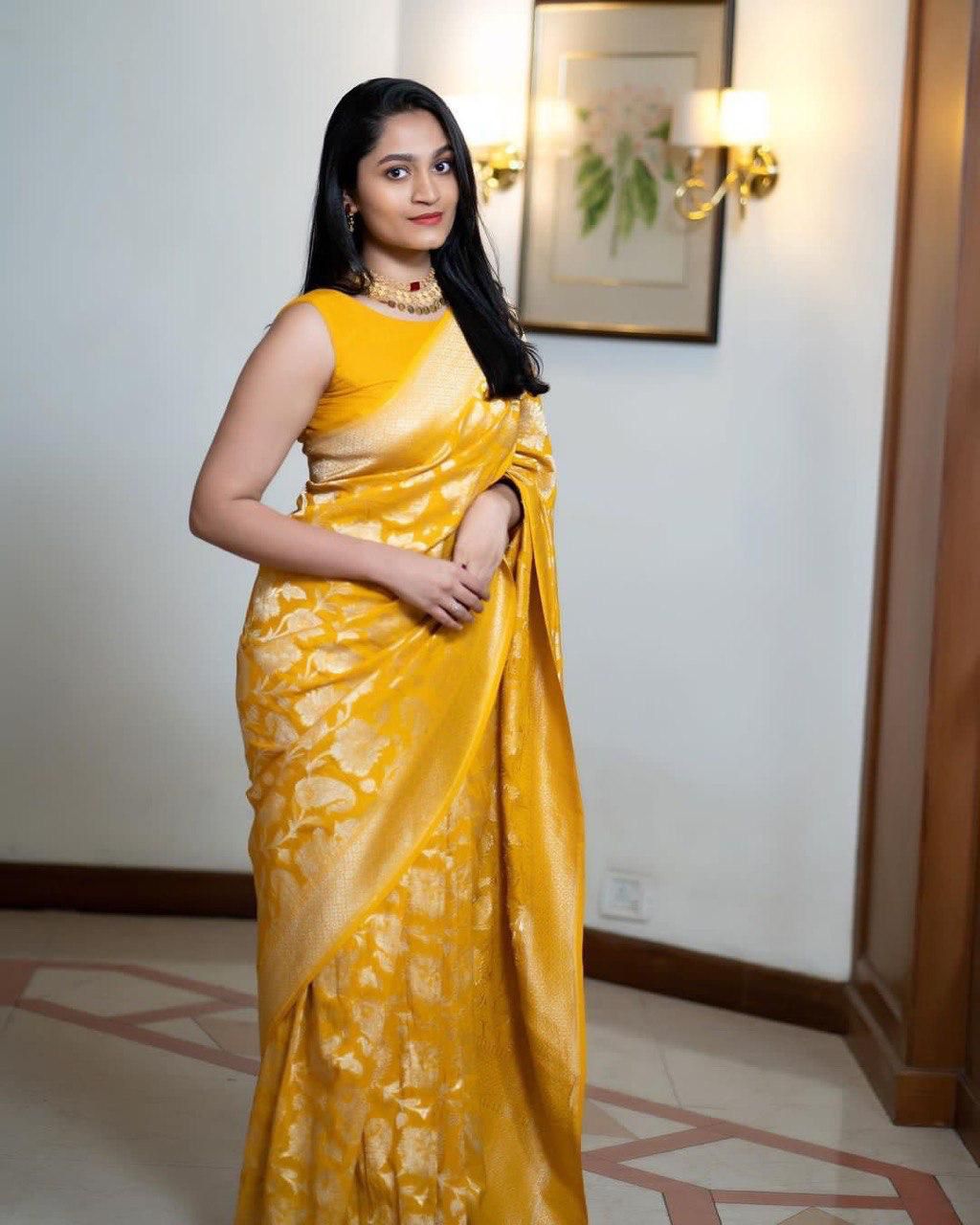 Yellow Traditional Wear soft Lichi Silk Saree