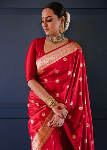Sonakshi Sinha Red Chand Tara Katan Silk Banarasi Saree
