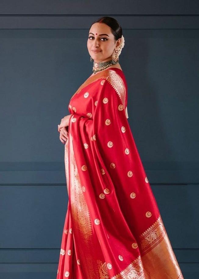 Sonakshi Sinha Red Chand Tara Katan Silk Banarasi Saree