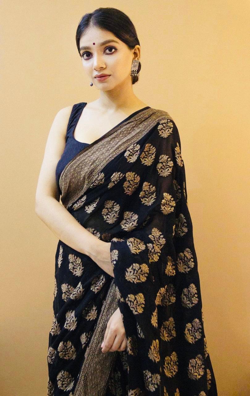Black Soft Lichi Silk Saree with Stunning Jacquard Blouse Border