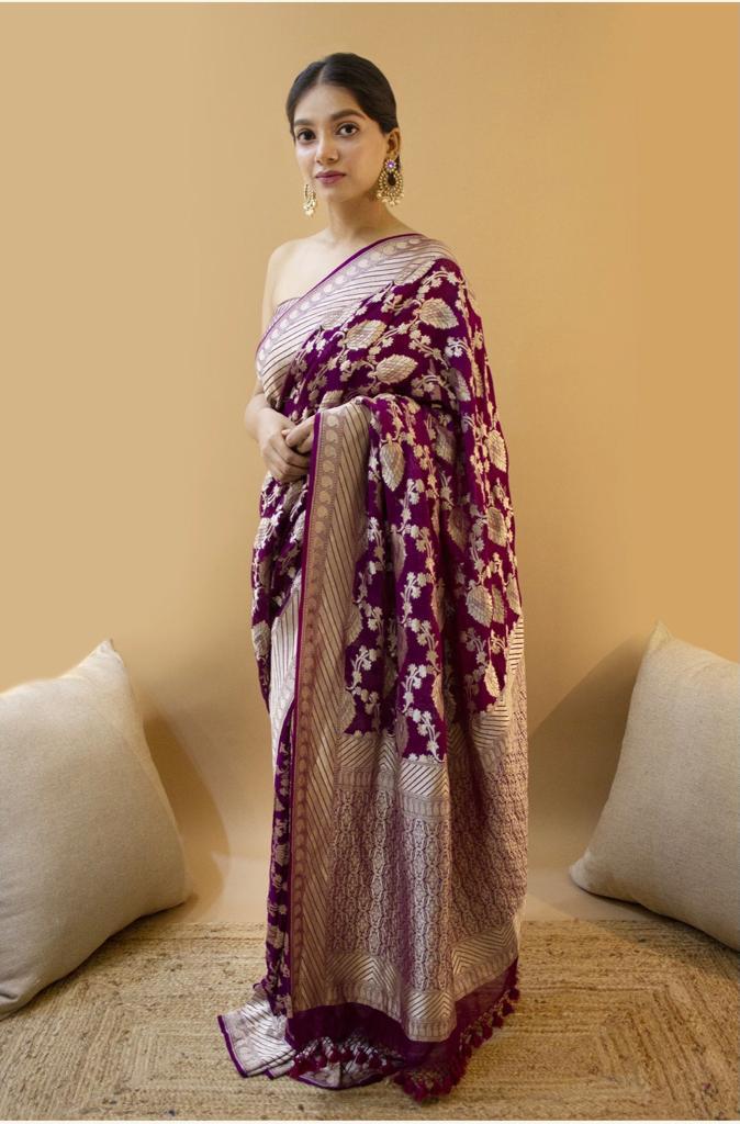 Purple Luxurious Lichi Silk Saree with Exclusive Jacquard Blouse