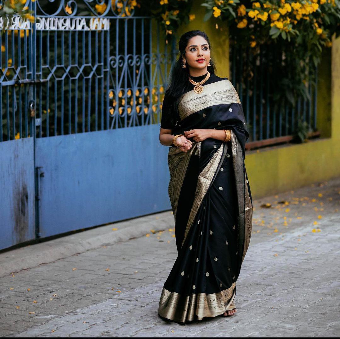 Black Soft Lichi Silk Saree with Elegant Jacquard Blouse Accents