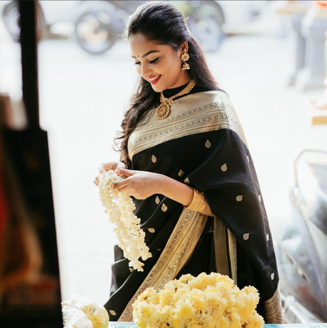 Black Soft Lichi Silk Saree with Elegant Jacquard Blouse Accents