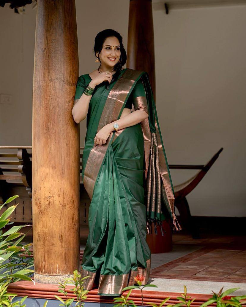 Green Soft Lichi Silk Zari Border Saree