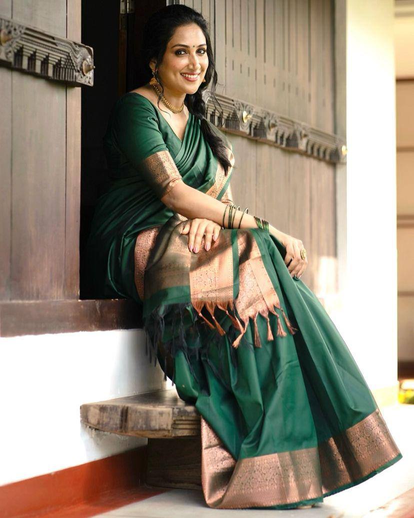 Green Soft Lichi Silk Zari Border Saree