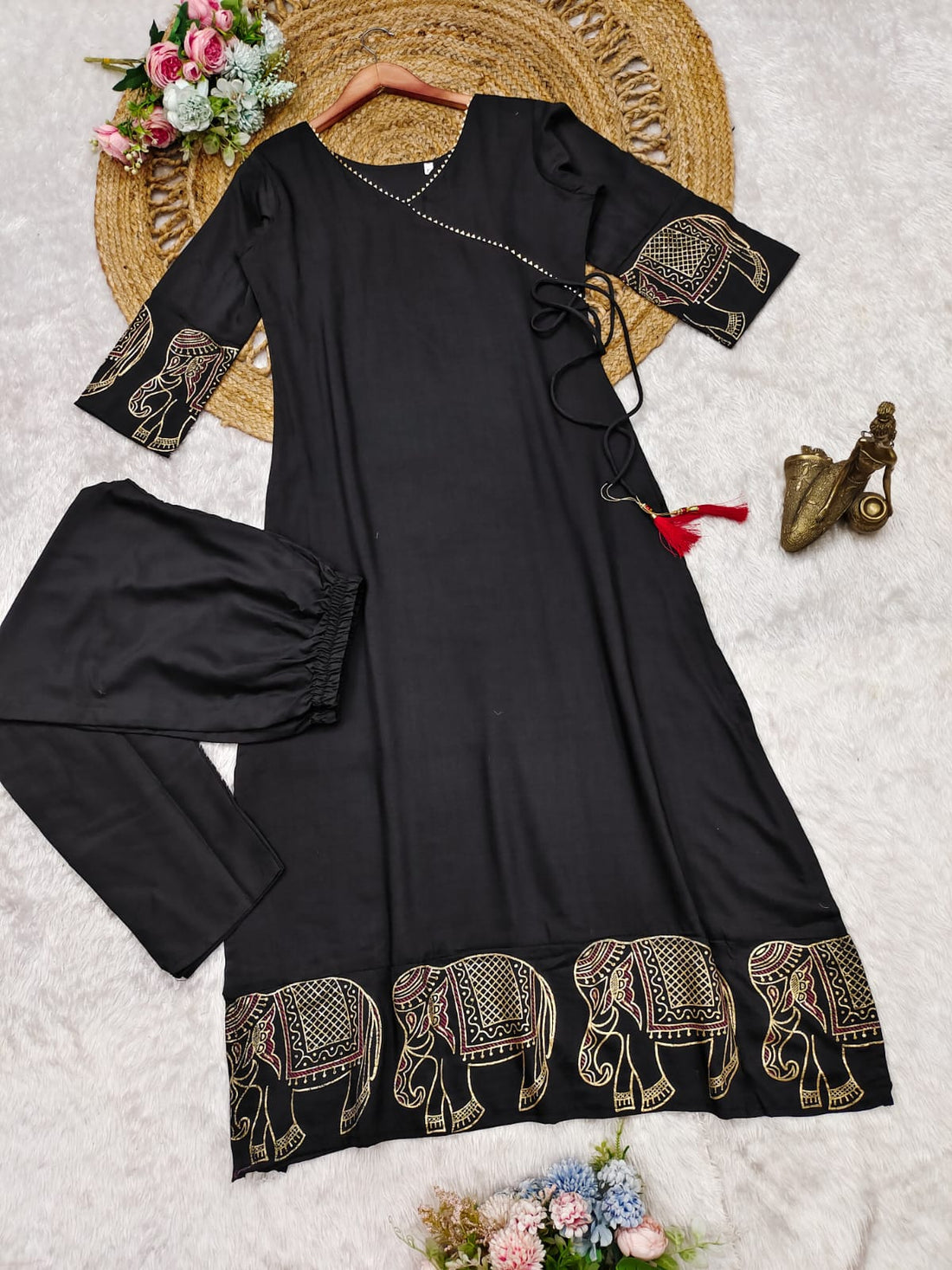 Black Premium Masleen  Fabric Kurta & Bottom Pants