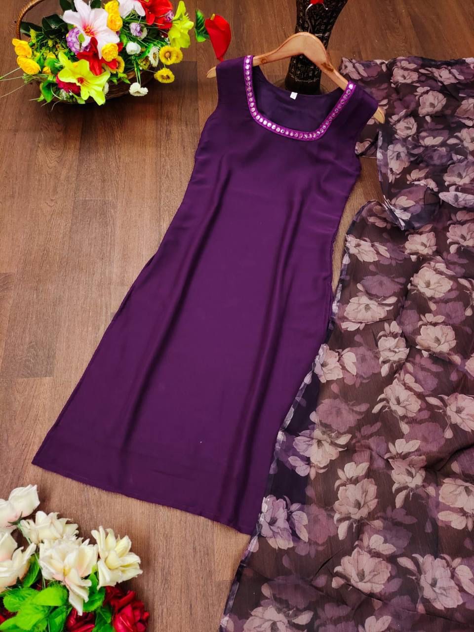 Purple Organza Sleeve Less Kurti