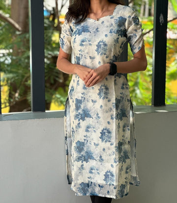 White Blue Flower Cotton Silk Kurti
